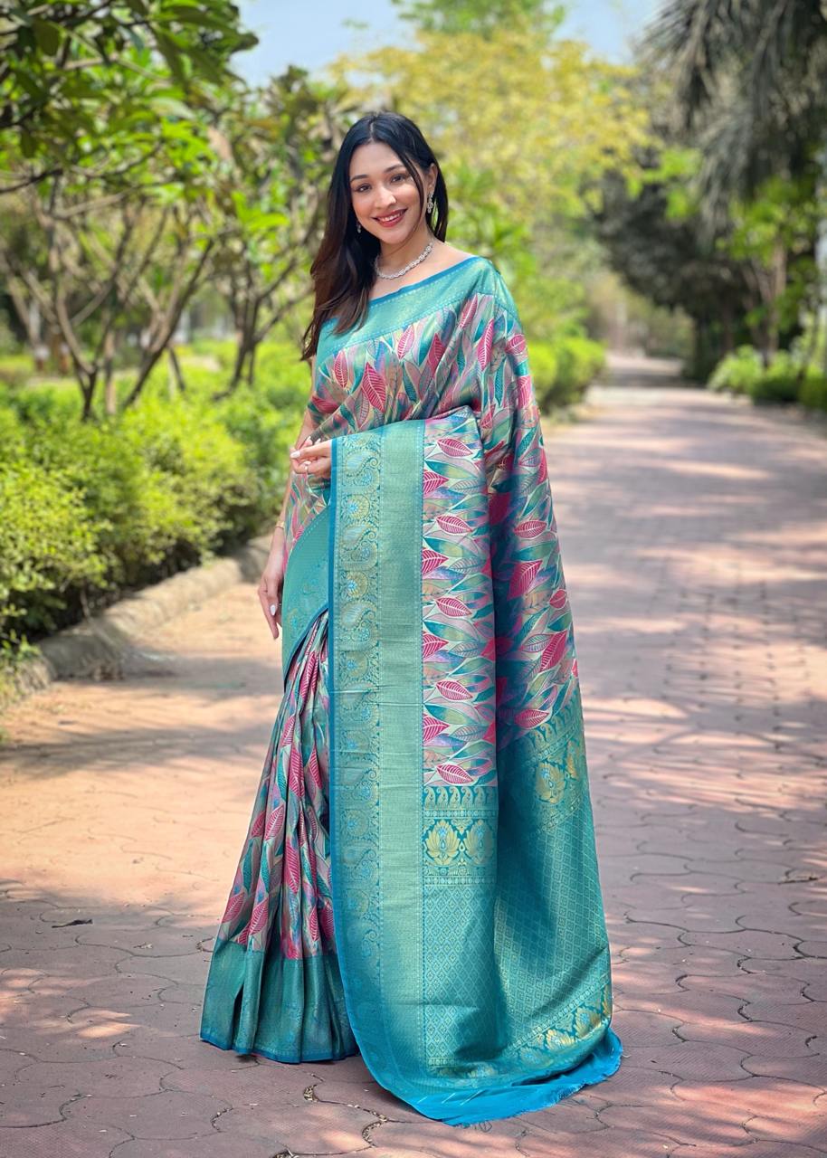 Women's Luxurious Pista Green & Pink Art Silk Saree with Intricate Leaf Weave & Broad Zari Border – Ideal for Festive & Wedding Occasions - Image 6